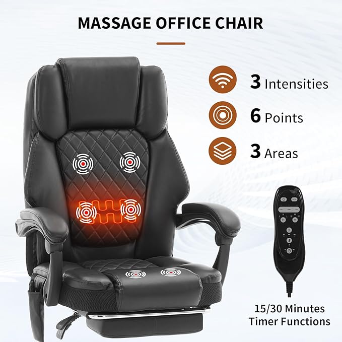 Massage Office Chair with Footrest, Heated Reclining Office Chair for Heavy People 400 lbs,High Back Executive Leather Home Desk Chair 6 Vibration Points,Ergonomic Managerial Chair, Black