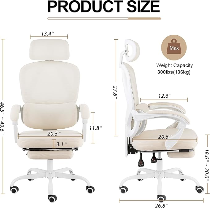 Mesh Ergonomic Office Chair with Footrest,90-135 Comfy Reclining Chairs,Home Office Desk Chair with Adjustable Lumbar Support & Headrest, High Back Computer Chair (Beige)