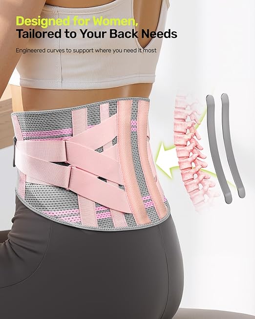 Rakiie Back Brace for Lower Back Pain Women with 9X Support System, Ergonomic Lumbar Support for Pain Relief, Breathable Mesh Design with 3D Silicone Pad for Sciatica, Sciatica, Pink Size L (Waist: 35.8"-43.7")