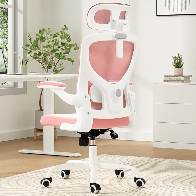 JOSHEN Breathable Mesh Elegance Office Chair, Modern Refined Office Chair with Adjustable Lumbar & Headrest, Minimalist Single Sofa Chairs for Home Office & Study, Pink,White