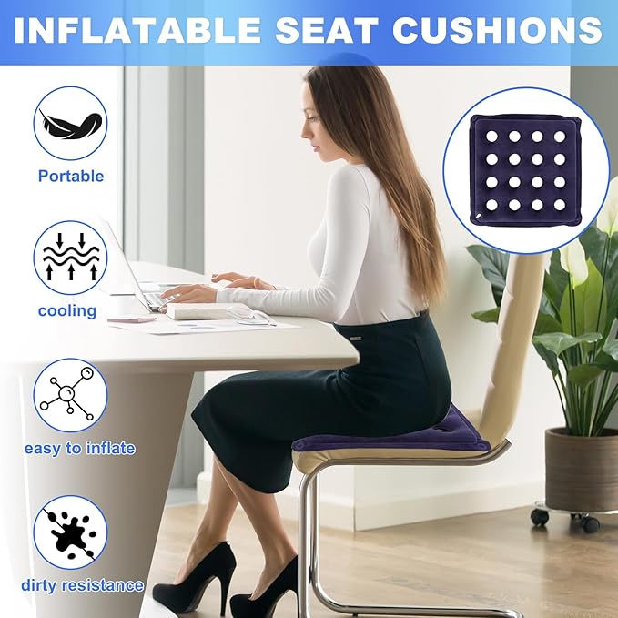 2-Pack Waffle Inflatable Seat Cushions with Pump, 18 Inch Beige 16-Hole Air Cushion for Pressure Relief, Wheelchair, Office Chair, Car Seat & Travel (Navy Blue)
