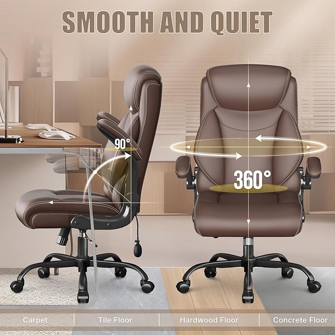 Ergonomic Office Chair, Home Desk Computer Chair, High Back Executive Chair，Padded Leather Ergonomic Computer Desk Chair with Inflatable Lumbar Support & Flip-Up Arms, Swivel Chair,Deepbrown