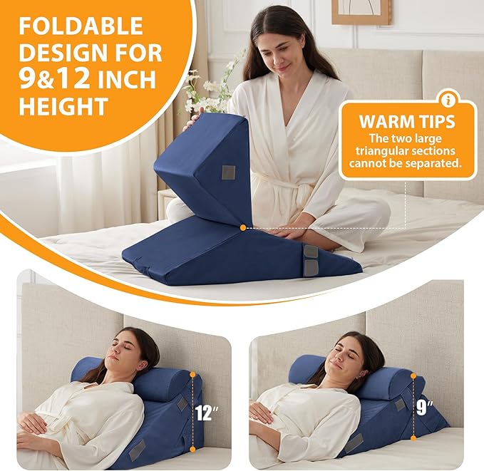 Ruqmuis 3PCS Wedge Pillow Set for After Surgery, Adjustable 9&12 Inch Bed Wedge Pillow for Sleeping, Incline Pillow Wedge for Headboard, Post Surgery, Acid Reflux, Neck&Back Support, Navy