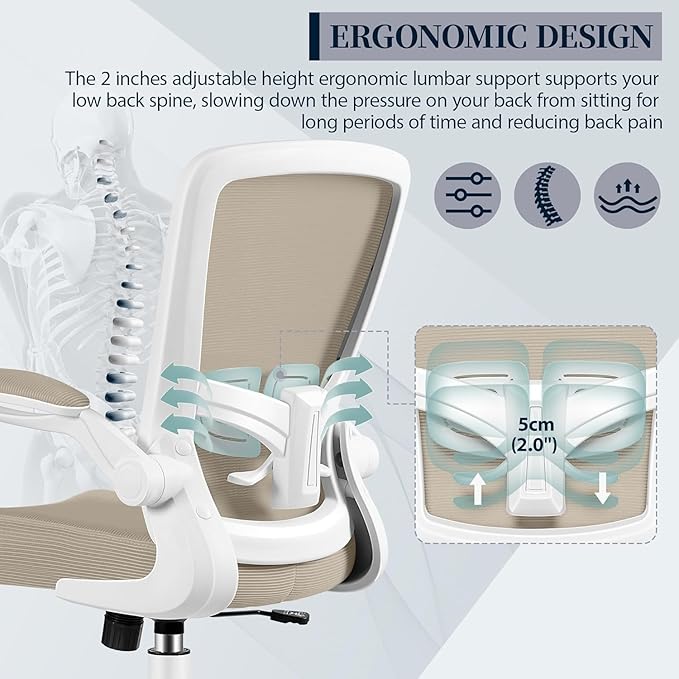 Ergonomic Office Chair 2026 - Mesh Desk Chair with Flip-up Armrests, Adjustable Height and Lumbar, 360° Swivel Comfortable Computer Chairs for Home, Conference Room, Reception, Kahki