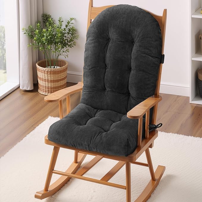 Rocking Chair Cushion - Corduroy Fabric, High-Density Sponge, Durable Comfort Non-Slip Bottom Tufted Seat Pads with Ties, Corduroy︱Deep Gray, 44x19x4 inch