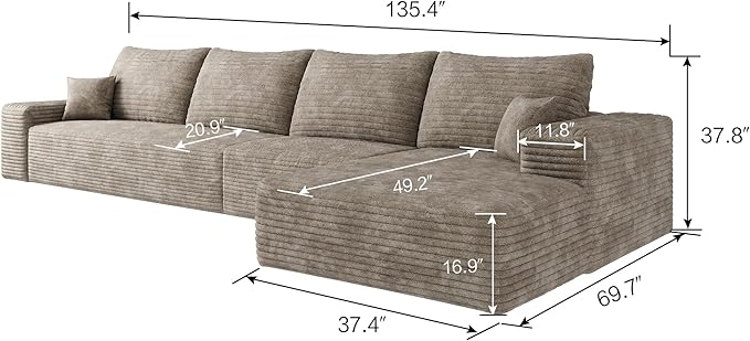 135" Corduroy Couch Sectional with Chaise, L Shape Boneless Cloud Couches for Living Room Bedroom, Fluffy Deep Seat Compression Sofa, Modular Corner Couch No Assembly, Right Facing Chaise, Camel