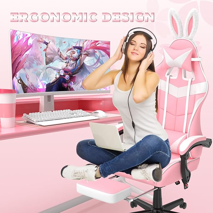Soontrans Pink Gaming Chair with Footrest,Lovely Bunny Computer Gamer Chair,Gamer Desk Chair for Granddaughter,Sister,Girlfriend,Wife and Love (Pink)