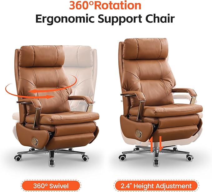 Big and Tall Executive Office Chairs with Footrest, Ergonomic 360° Swivel Desk Chair High Back Recliner, Manual 150° Reclining Computer Gaming Chair with Wheels for Home Office Faux Leather, Brown