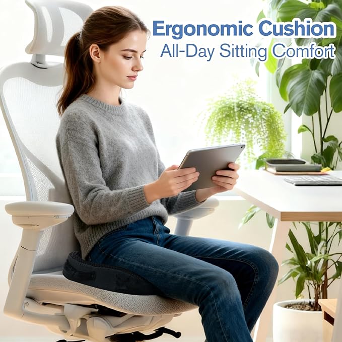Mureon Office Chair Cushion - Large Memory Foam Ergonomic Chair Cushion for Back & Hip Pressure Relief - Non-Slip Seat Cushion for Car, Desk Chair & Tailbone Pain - Soft Support - Black