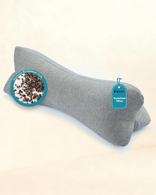Adjustable Buckwheat Hull Cervical Pillow – Neck Lumbar Support Roll for Sleeping and Bed, Small Firm Pillow with Washable Cover 15.7"x5.9", Gray