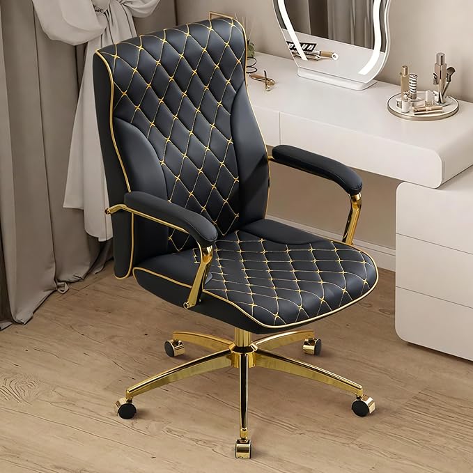Furniliving Black and Gold Office Chair, Leather Office Chairs, Adjustable Vanity Chair with Golden Legs and Padded Armrest, Modern Upholstered Computer Chair with Wheels,Black