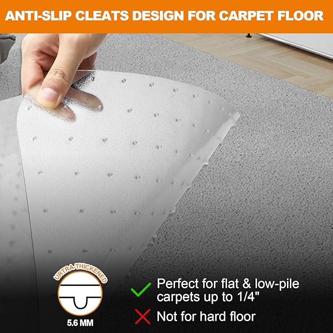 Chair Mat for Carpet- Low Pile (1/4" Thick) Carpet Protector for Office Gaming Computer Desk Chair. Heavy Duty Desk Chair Mat for Carpeted Floors, Semi Transparent (with Lip（Thickened）)