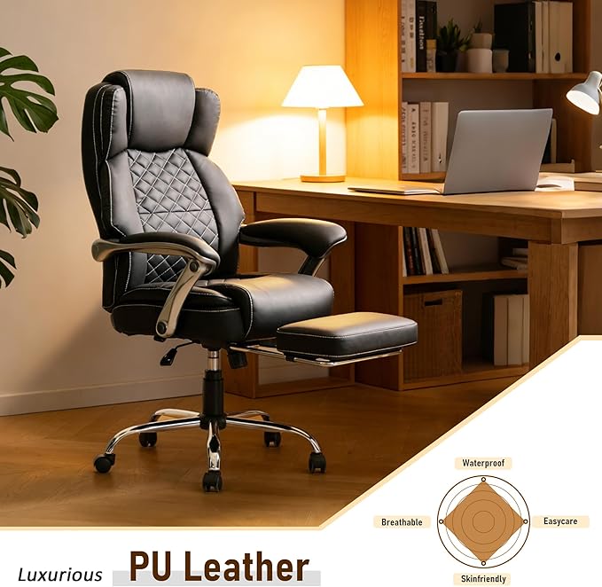 DYHOME 500 lbs Office Chair with Foot Rest, Ergonomic Reclining Big and Tall Office Desk Chair with Lumbar Support & Pocket Spring Cushion, High Back Computer Chair, PU, Thicker Seat Cushion (Black)