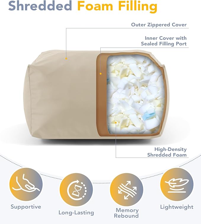 Outdoor Patio Bean Bag Ottoman - Small Beanbag Foot Rest Pouf Rectangular with Shredded Foam Filling, Splash-Proof Detachable Zipper Cover for Relaxing, Beige