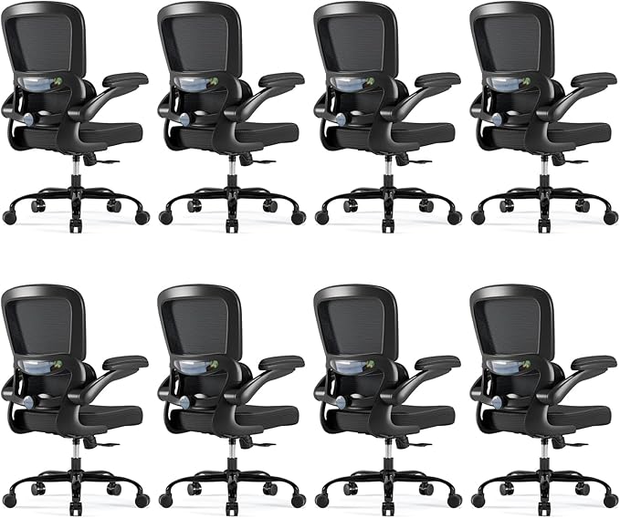 TRALT Ergonomic Office Chair - Desk Chair with Adjustable Headrest Lumbar Support Computer Chair - Mesh Comfy Chair with Flip-up Armrests - Gaming Chair for Adults Home Office PU, Black, Pack of 8