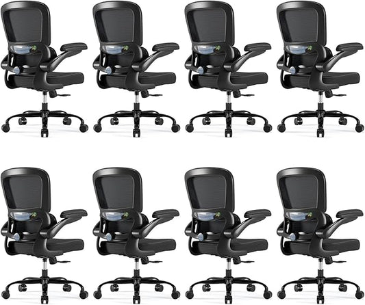 TRALT Ergonomic Office Chair - Desk Chair with Adjustable Headrest Lumbar Support Computer Chair - Mesh Comfy Chair with Flip-up Armrests - Gaming Chair for Adults Home Office PU, Black, Pack of 8