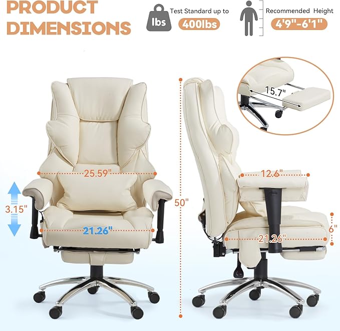 Massage Office Chair with Foot Rest, Ergonomic Executive Heated Office Chair with Reclining Backrest, Adjustable Arms and Lumbar Support, High Back Leather Desk Chairs for Home Office, Beige