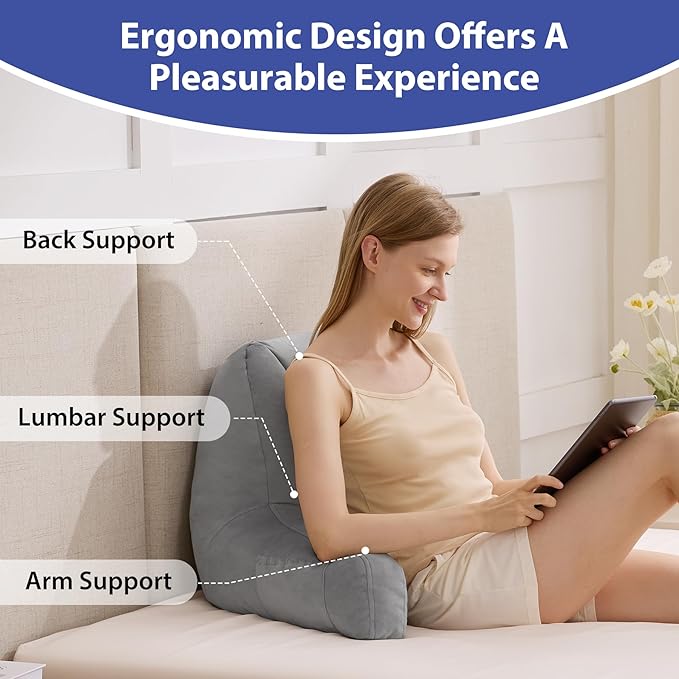 IASEAHK Reading Pillows for Sitting in Bed Adult, Back Pillow for Bed Sitting Up, Backrest Pillows with Shredded Foam for Adult&Teens, Support Pillow with Arms for Beds, Couch, Floor, 24in, Grey