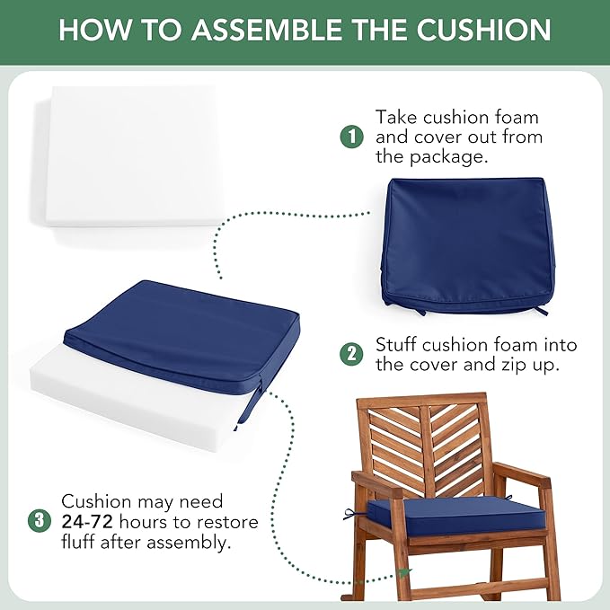 Outdoor Chair Cushions Set of 2: Waterproof & Fade Resistant Deep Seat Cushion for Patio Furniture - 24 x 24 x 3 Inch Chair Pads with Ties and Hidden Zipper - Patio Chair Cushion Replacement, Navy