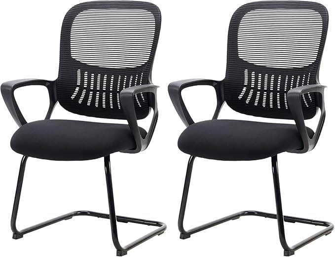 Yapamar Office Desk Chair No Wheels, Ergonomic Executive Sled Base Mesh Computer Chairs with Comfy Arms and Lumbar Support for Home Conference Room Bedroom - 2 Pack