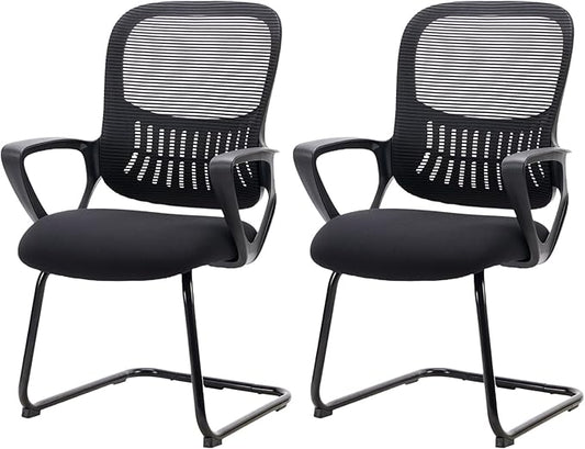 Yapamar Office Desk Chair No Wheels, Ergonomic Executive Sled Base Mesh Computer Chairs with Comfy Arms and Lumbar Support for Home Conference Room Bedroom - 2 Pack