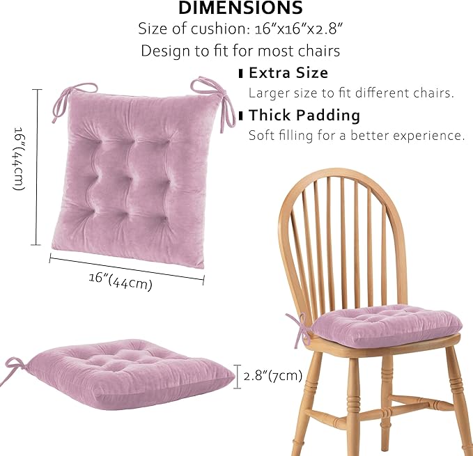 ELFJOY 4 Pack Chair Cushions for Dining Chairs Indoor Kitchen Seat Cushions with Ties Tufted Square Seat Pas for Kitchen Dining Office Room (16" Light Purple Velvet)