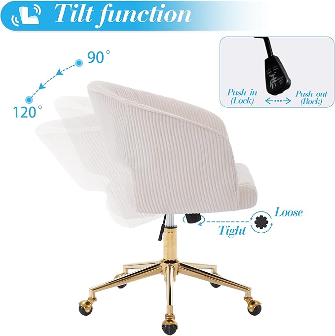 KCC Home Office Chair Swivel Desk Chair Accent Armchair Upholstered Modern Tufted Chairs with Gold Base for Girls Women Ergonomic Study Seat Computer Task Stools, with Wheels, Corduroy,Beige