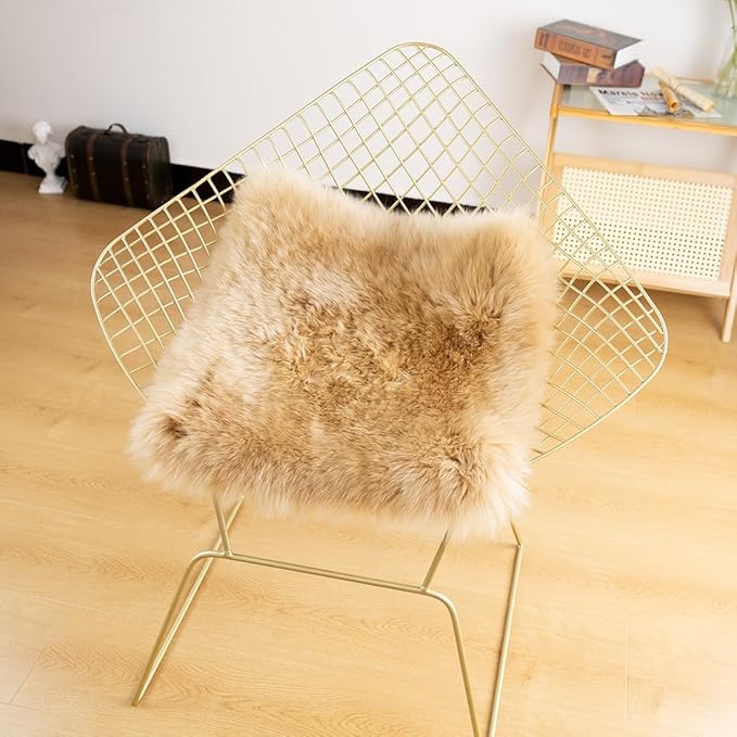 LLB Sheepskin Chair Cushion Non-Slip Back Square Genuine Fur Chair Cover Silky Natural Wool Seat Cushion Pad Soft Area Rugs Carpet for Home Office Restaurant Chair 18x18 Inch (Pack of 1), Tan