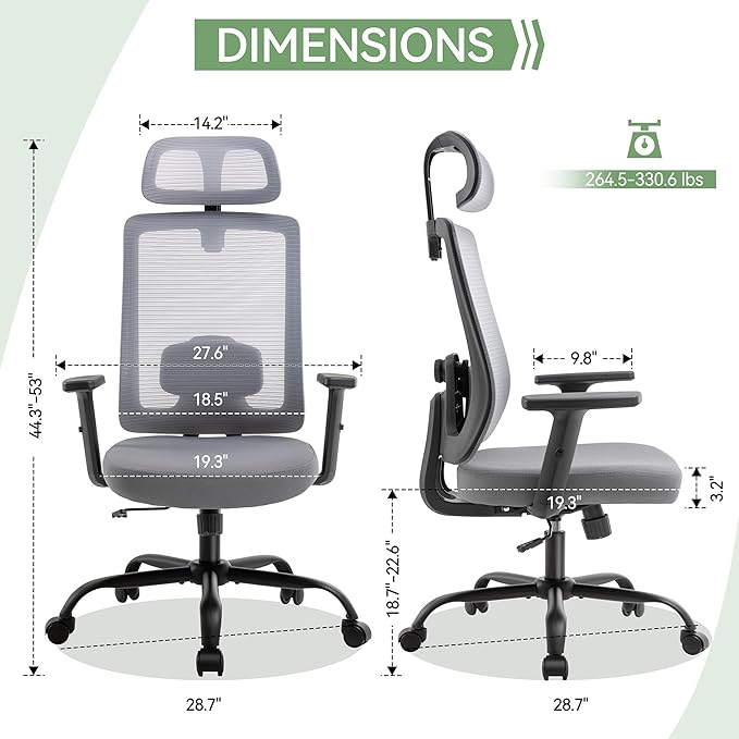 Ergonomic Office Chair, Office Desk Chair with High Back Mesh and Adjustable Lumbar Support, Rolling Work Chairs with Wheels and Adjustable Headrests, Wide Cushion, Grey