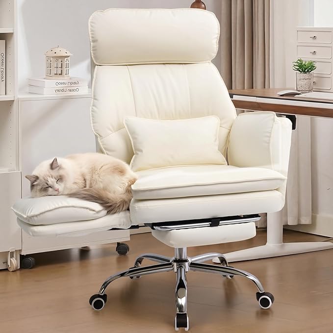 Big and Tall Office Chair with Flip Armrests, Cross Legged Office Chair with Storage Pockets, Comfortable Reclining Computer Chair with Footrest, Wide Home Office Desk Chair, Leather, Beige
