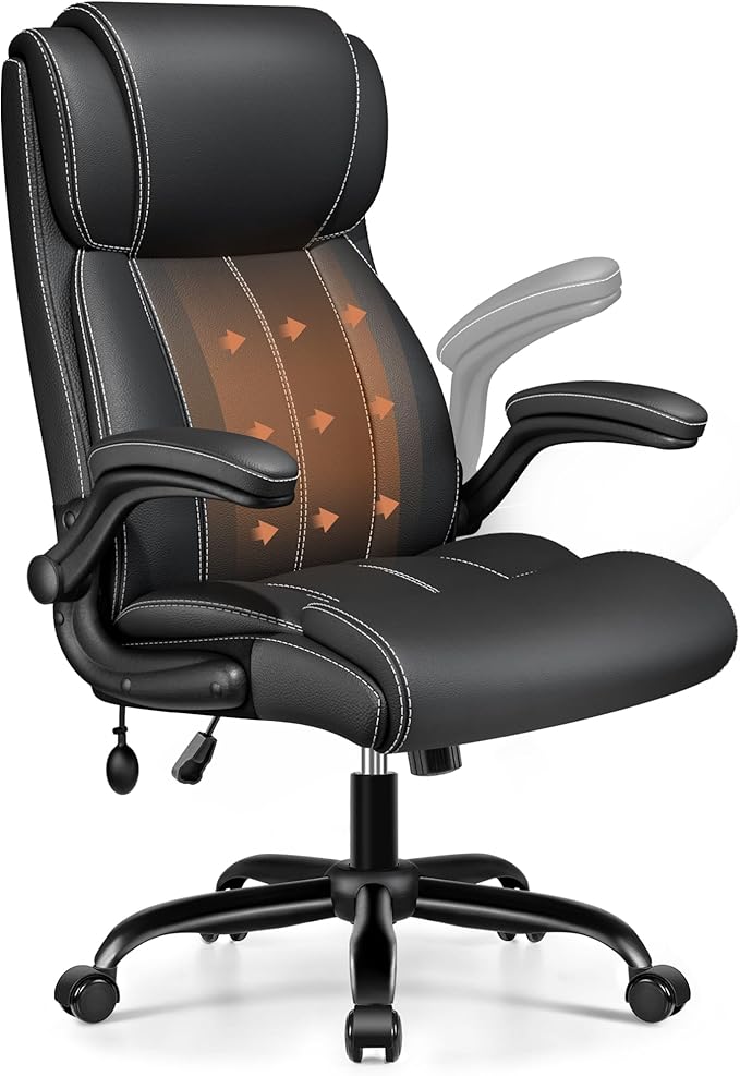 Ergonomic Office Chair, High Back Computer Desk Chair, Executive Leather Chair with Adjustable Lumbar Support & Flip Up Arms, Swivel PC Chair for Home Office Gaming