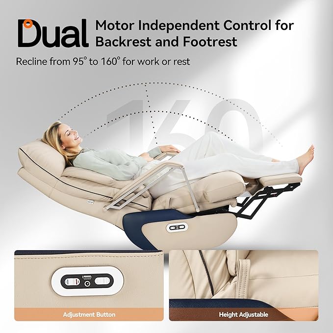 OKUP Dual Motor Executive Office Chair with Foot Rest, Electric Reclining Comfortable Office Chair Wide Seat, Big and Tall Ergonomic Leather Home Office Desk Chair 420lbs, High Back, Beige
