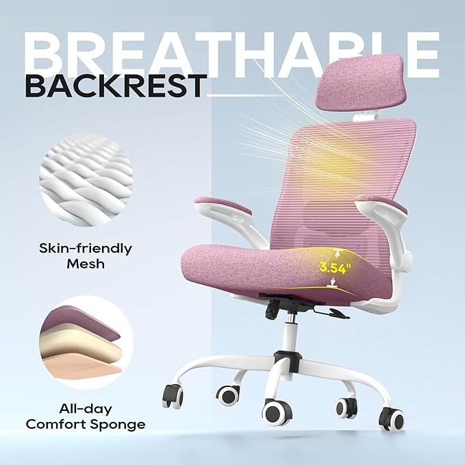 Office Chair, Ergonomic Mesh Desk Chair with Adjustable Lumbar Support and Headrest, Flip-up Armrests, High Back Computer Task Chair for Home and Executive Office (W-All Purple)