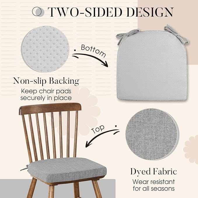 Basic Beyond Chair Cushions for Dining Chairs 4 Pack, Kitchen Chair Cushions with Ties and Non Slip Backing, 16 x 16 inches Chair Pads for Dining Chairs (Light Grey)