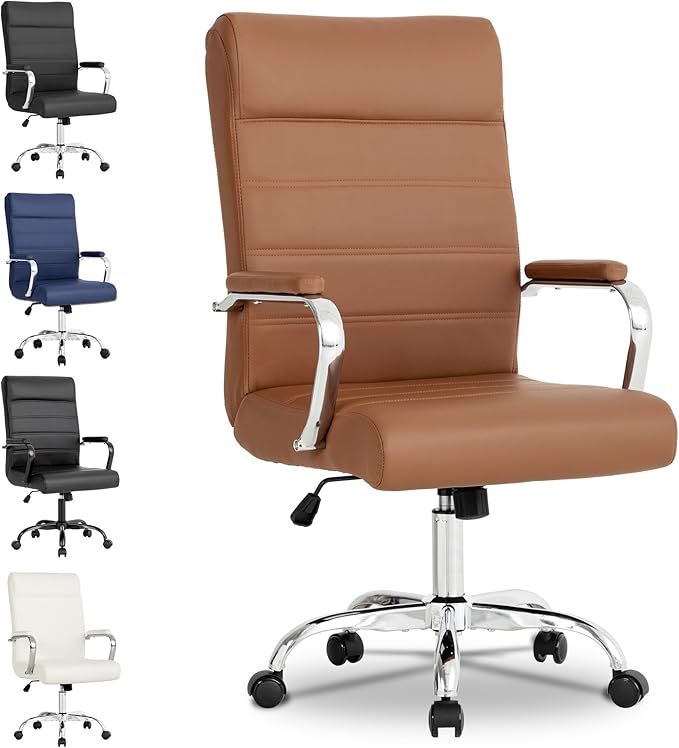Modern Office Desk Chair, Conference Room Chairs, High Back Ergonomic Home ofiice Chair, Adjustable Height Swivel Executive Computer Chair with Padded Seat and Armrest (Brown)