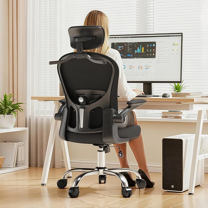 Ergonomic Office Chair with Headrest and Adjustable Lumbar Support, Mesh Back Computer Desk Chair, Flip-Up Armrest, 360° Swivel Rolling Chair for Home Office Study Gaming(Black)