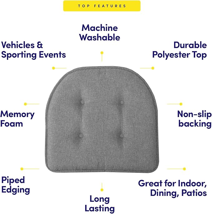 Sweet Home Collection Chair Cushion Memory Foam Pads Tufted Slip Non Skid Rubber Back U-Shaped 17" x 16" Seat Cover, 2 Count (Pack of 1), Grey
