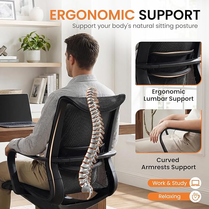 LuxErgo Ergonomic Mesh Office Chair, Mid Back Desk Chair with Lumbar Support & Armrests, Height Adjustable, 115° Recline, 360° Swivel Rolling Task Chairs for Home Office, Black