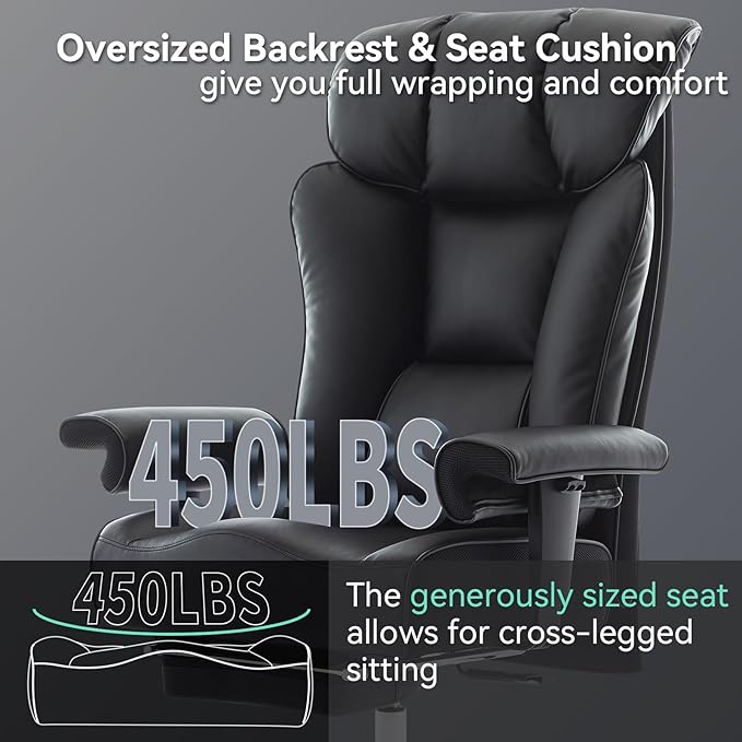 Efomao Big and Tall Office Chair with Footrest, 450lbs High Back Executive Chair with Spring Cushion, PU Leather Upholstery, Padded Armrests, Swivel Base, and Rolling Wheels – Black Computer Chair