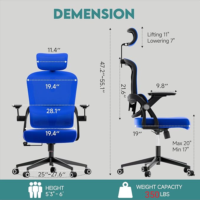 350 LBS Ergonomic Office Computer Mesh Chair - Adjustable Height Rolling Desk Chair with Flip-Up Armrests & High Back Support - Comfortable Swivel Task Chair for Home Office (01BLUE)