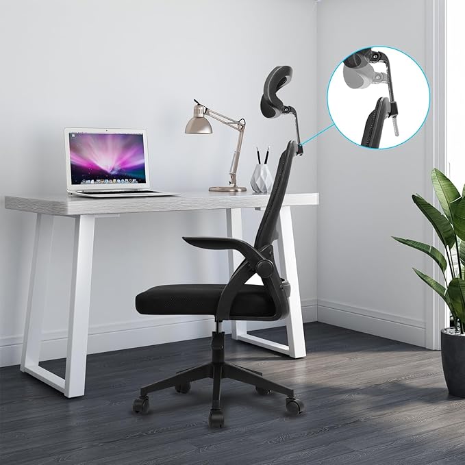 Office Chair, Ergonomic Office Chair, Computer Chair with Lumbar Support, Breathable Mesh Chair with Adjustable High with Flip-up Armrests, Rolling Computer Chair for Home Office Black