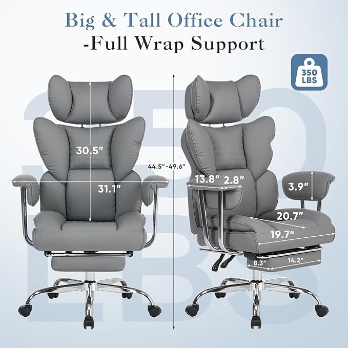 DUMOS Big and Tall Office Chair 350 LBS, Scratch-Resistant PU Leather Executive Office Desk Chair with Footrest, Ergonomic Reclining Computer Chair with Pocket Spring Support for Home Office, Grey