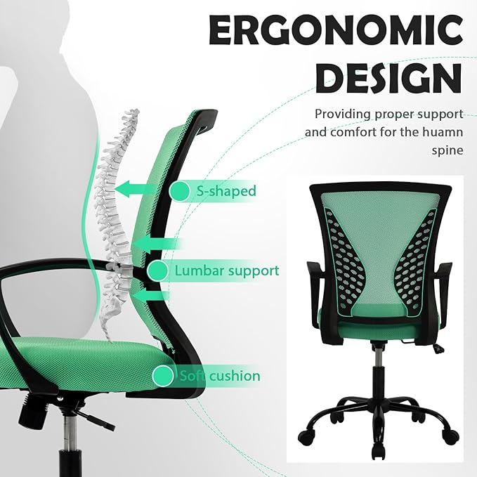 Comfortable Office Chair for Home - Ergonomic Computer Chair with Mesh Back & Lumbar Support, Adjustable Swivel Task Chair for Long Sitting, Mid Back Design (Green)