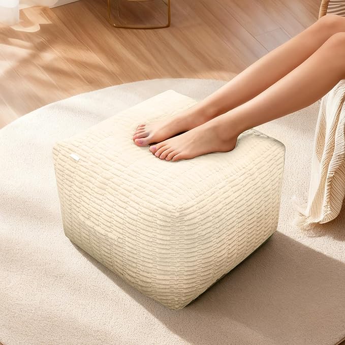 Pouf Ottoman, Soft Corduroy Pouf, Poofy Ottoman Foot Rest，Poufs for Adults, Poofs & Ottomans Furniture, Floor Poof-Chair for Living Room & Bedroom(1PC, Beige White, 26"×26"×16")