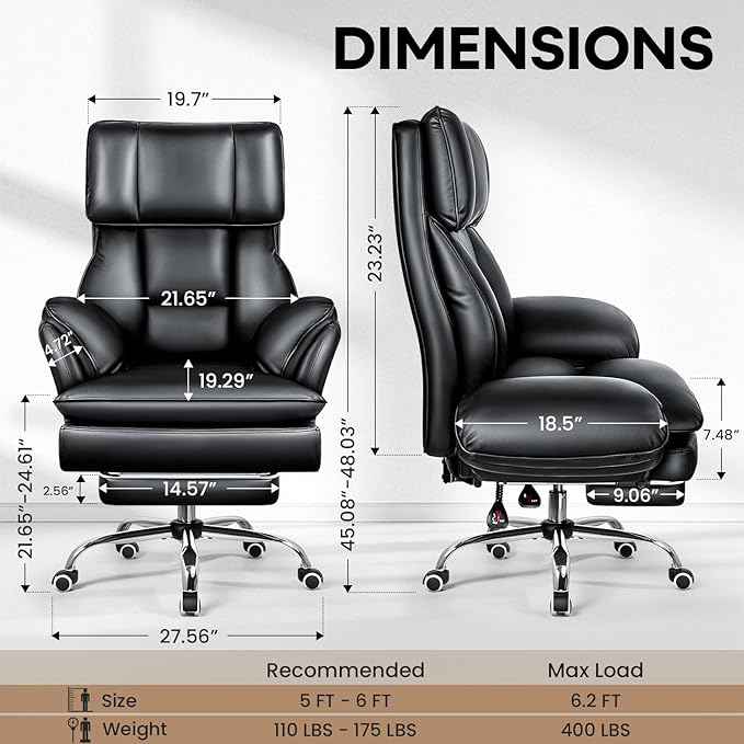 OFIKA Big and Tall Office Chair 400LBS,Flip Armrests for Pets & Cross Legged Sitting, Ergonomic Leather Executive Desk Chair with Foot Rest, Ergonomic High Back Leather Executive Chair, Black