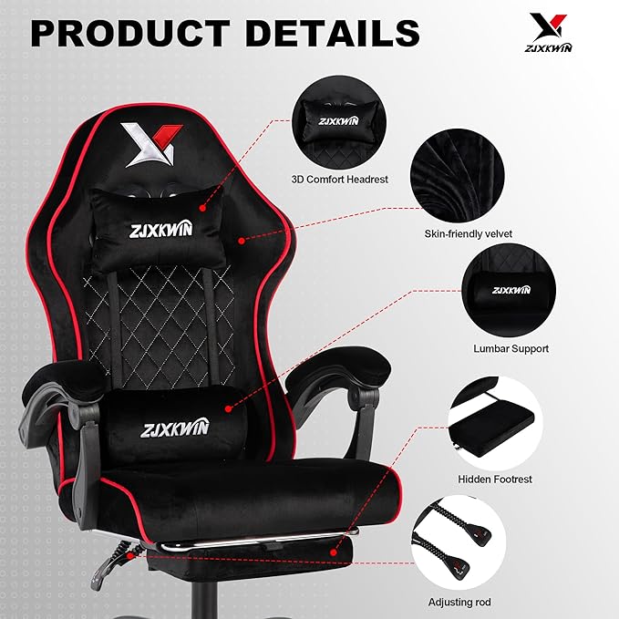 Velvet Gaming Chair, Ergonomic High Back Racing Chair with Footrest, Spring Wide Cushion, Adjustable Headrest & Lumbar Support, 90-135° Recline, 360° Swivel, 300lbs for Home Office, Red