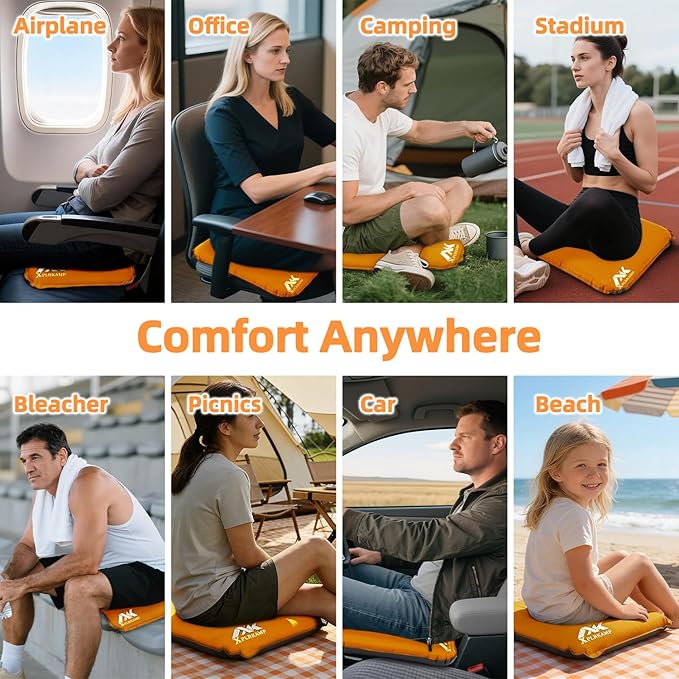 Inflatable Seat Cushion,Self-Inflating Portable Travel Airplane Stadium Seat Cushion for Airplane Long Flight,2pack Compact Lightweight Memory Foam Travel SeatCushion Pad for Bleacher Camping Outdoor