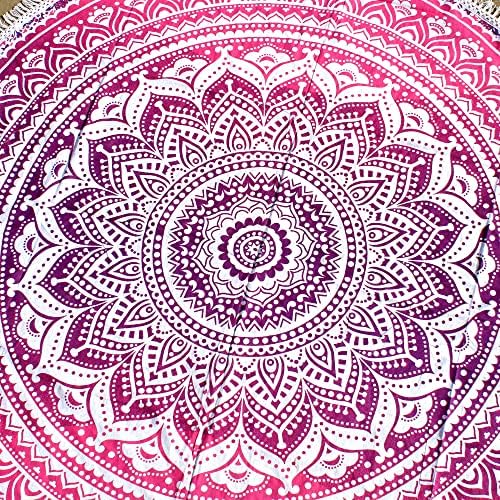Round Beach Tapestry Turquoise Mandala Throw/Boho Hippie Beach Blanket Roundie/Indian Cotton Bohemian Large Round Table Cloth-Home Decor/Yoga Mat Meditation Picnic Rug (42", Pink and White)