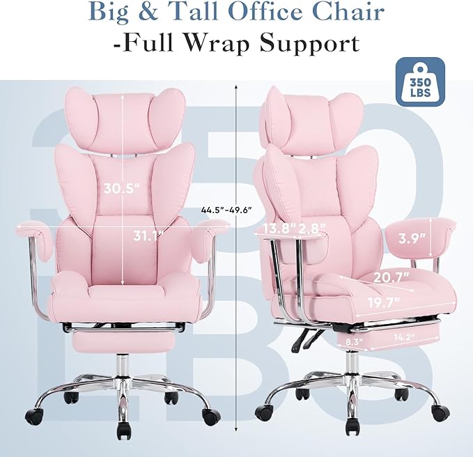Big and Tall Office Chair 350 LBS, Scratch-Resistant PU Leather Executive Office Desk Chair with Footrest, Ergonomic Reclining Computer Chair with Pocket Spring Support for Home Office, Pink