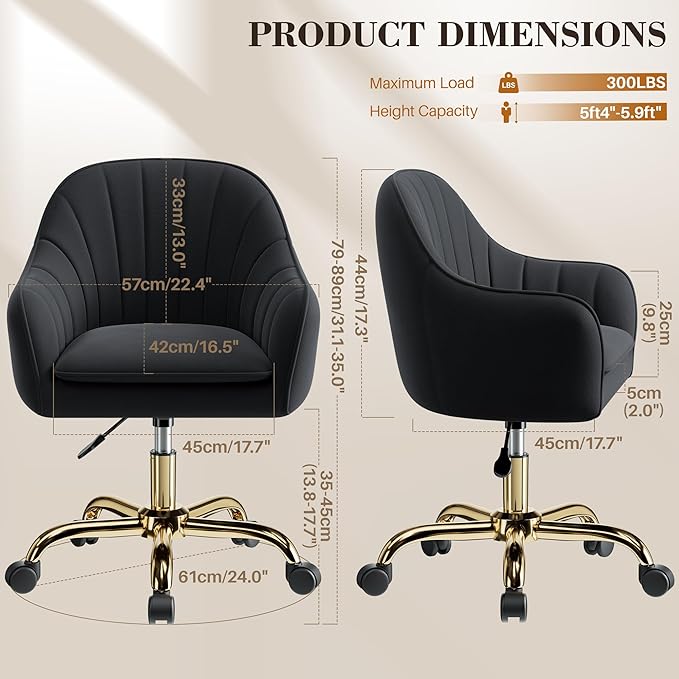 Vanity Chair with Wheels, Comfy Home Office Desk Chairs Adjustable Modern Velvet Makeup Vanity Chairs for Bedroom Living Room-Black